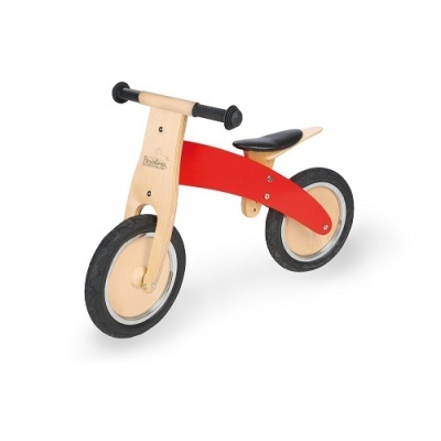 Bicicleta equilíbrio madeira natural com detalhes vermelhos e pretos