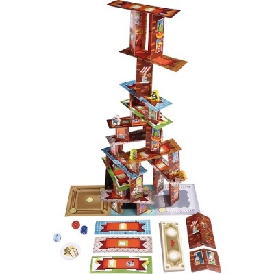 Torre de cartas coloridas com peças e tabuleiro para jogo