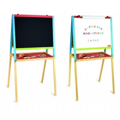 Quadro duplo infantil de madeira com quadro de giz e quadro branco magnético