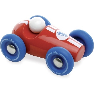 Carrinho de corrida toy vermelho com rodas azuis e condutor branco