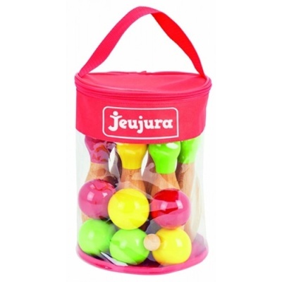 Conjunto de boliche infantil de madeira colorida com embalagem transparente e alça vermelha.