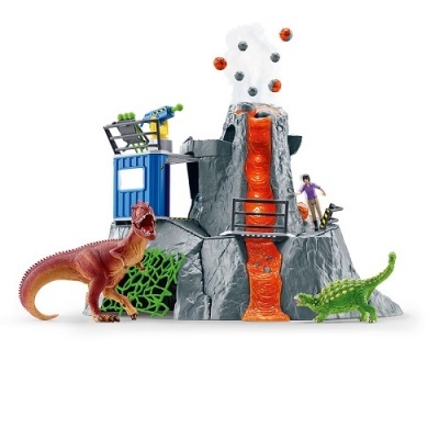 Brinquedo de dinossauros com vulcão e figuras humanas e dinossauros