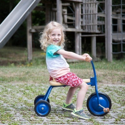 Bicicleta infantil azul com banco de madeira e três rodas usada por criança em parque