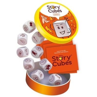 Conjunto Story Cubes classic com dados brancos e caixa amarela e laranja.