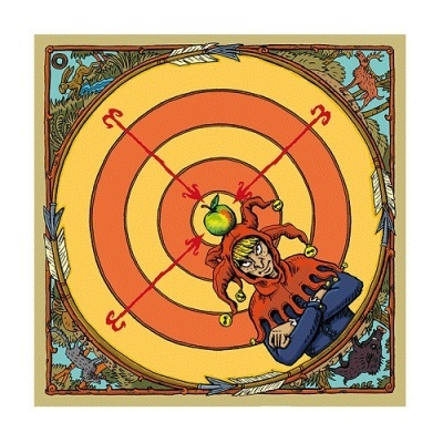 Alvo circular amarelo e laranja com bobo da corte no centro e quatro setas cravadas