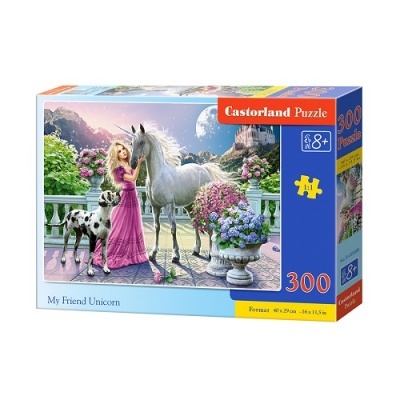 Caixa de puzzle Castorland com imagem de mulher, unicórnio e cachorro no jardim