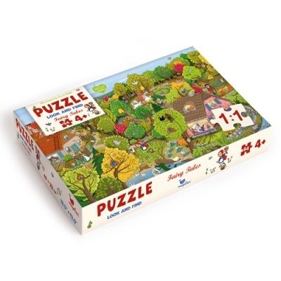 Caixa de puzzle colorida com ilustração de floresta e texto Fairy Tales, PUZZLE e 4+.
