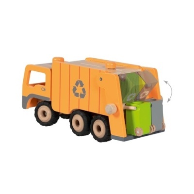 Camião de lixo de madeira laranja com símbolo de reciclagem e caixote verde