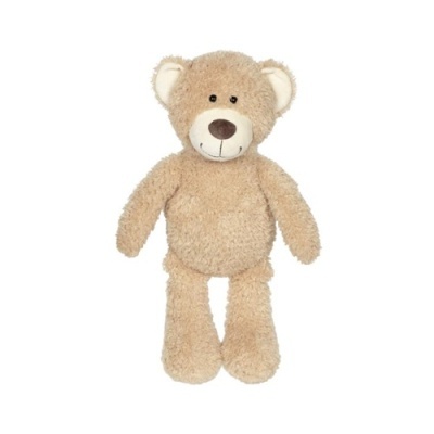 Urso de pelúcia bege com olhos pretos e nariz castanho