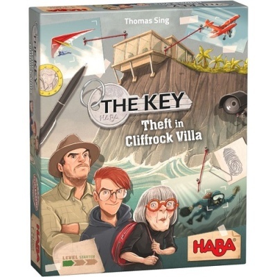 Capa do jogo de tabuleiro THE KEY Theft in Cliffrock Villa com ilustração de personagens e objetos de investigação