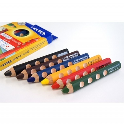 Conjunto de lápis de cor Lyra Groove Triplex coloridos com embalagem amarela, vermelha e azul