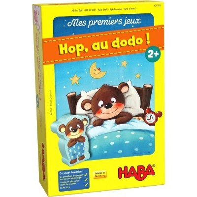 Embalagem do jogo 'Hop, au dodo!' da marca HABA com ilustração de ursinhos na cama e texto colorido