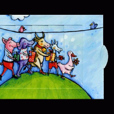 Desenho colorido de cinco animais vestidos andando em fila numa colina verde com céu azul e nuvens.