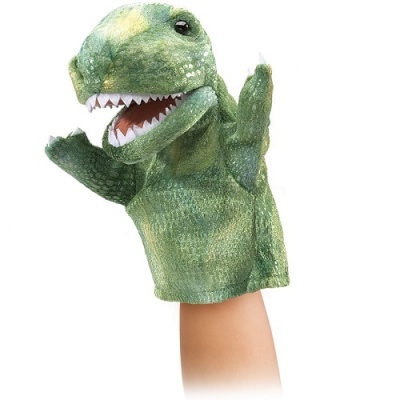 Fantoche de mão de dinossauro verde com dentes brancos