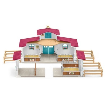 Casa de brincar infantil tipo estábulo com cores vermelha, branca e azul