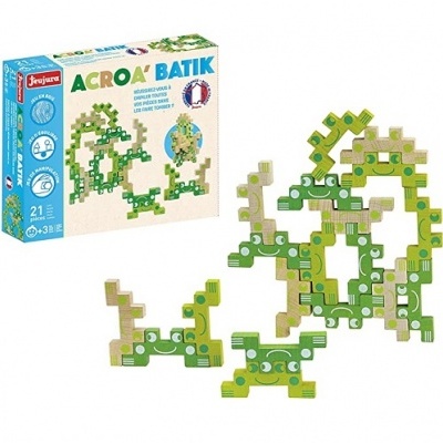 Jogo de construção Acro Batik da Janod em madeira verde e natural com padrões geométricos