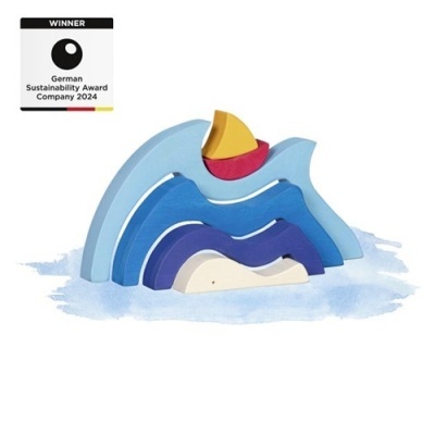 Brinquedo de blocos de madeira em forma de ondas e sol com selo de prémio