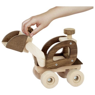 Brinquedo de escavadora de madeira em cores naturais com rodas e armão móvel