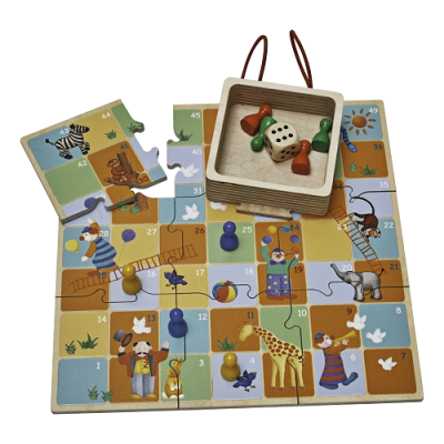 Jogo de tabuleiro infantil de madeira com peças coloridas e dados