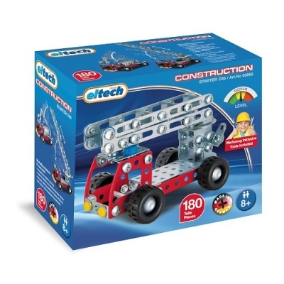 Caixa azul do kit de construção Eltech com peças metálicas e rodas pretas