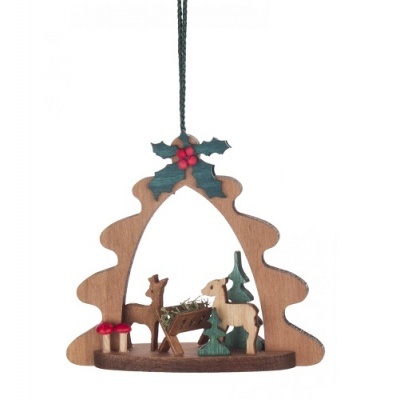 Enfeite de Natal em madeira com dois veados e árvore