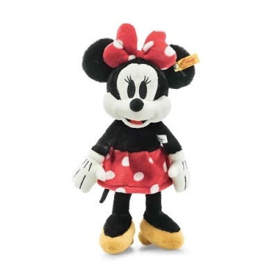 Pelúcia da Minnie Mouse com laço e vestido vermelhos às bolinhas brancas.