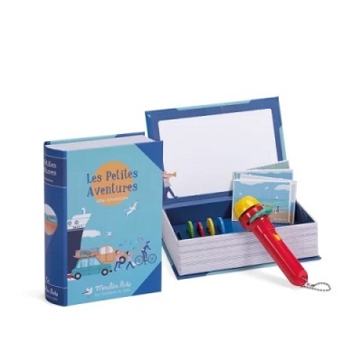 Livro caixa azul com conjunto educativo e projector de imagens vermelho