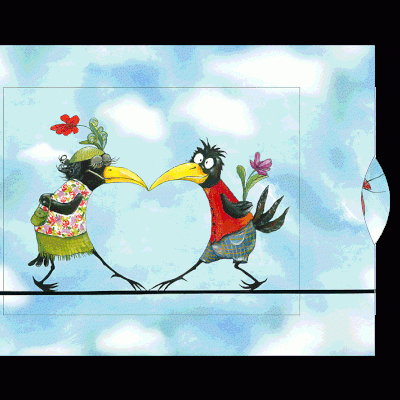 Ilustração colorida de dois pássaros com um coração azul claro entre eles sobre fundo azul com nuvens