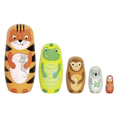 Conjunto de 5 bonecos russos de madeira pintados com animais coloridos