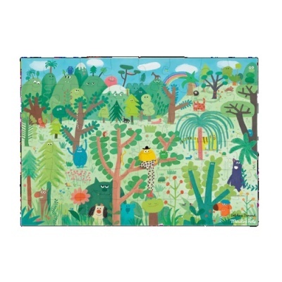 Puzzle infantil colorido com personagens e plantas em paisagem verde