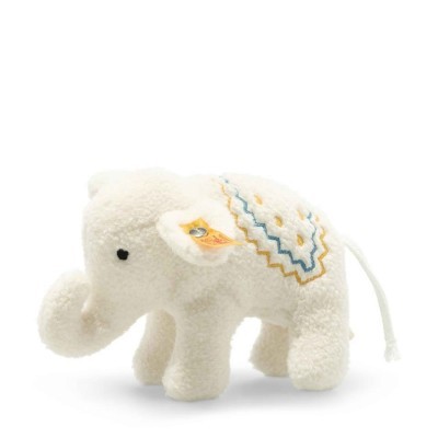 Elefante de peluche branco com bordados coloridos nas costas