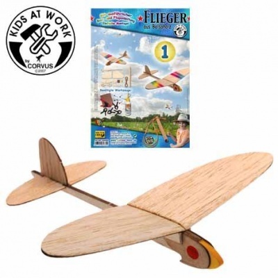 Kit de avião de madeira leve com folheto de instruções e logo 'KIDS AT WORK by CORVUS'