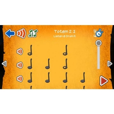 Interface digital musical com notas e ícones coloridos em fundo laranja