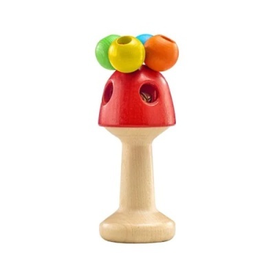 Brinquedo de madeira com topo vermelho e esferas coloridas