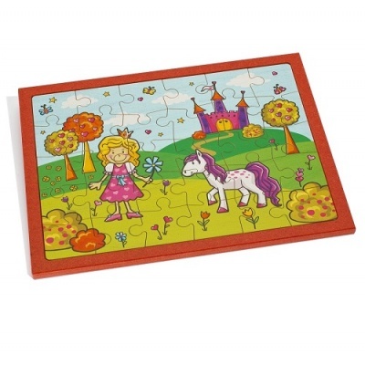 Quebra-cabeça infantil de menina e unicórnio com castelo e árvores