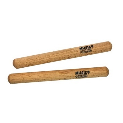 Par de baquetas de madeira clara com texto preto