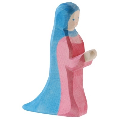 Estátua de madeira pintada de figura feminina com manto azul e vestido rosa