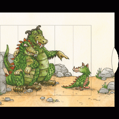 Três dinossauros verdes ilustrados num terreno pedregoso com rochas