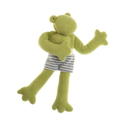 Brinquedo de peluche rã verde com calções às riscas