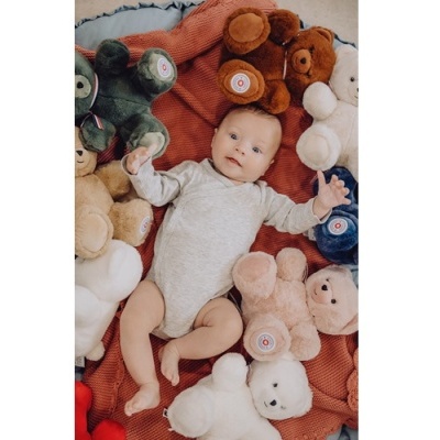 Bebé de body cinzento cercado por ursinhos de peluche coloridos em manta vermelha