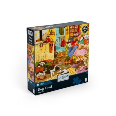 caixa de puzzle HOP 1000 peças com cena interior e cães