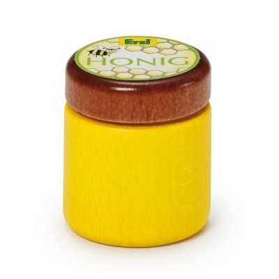Pote de madeira amarelo com tampa castanha e rótulo com texto HONIG e abelha