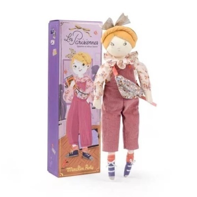 Boneca de pano rosa com caixa roxa Les Parisiennes