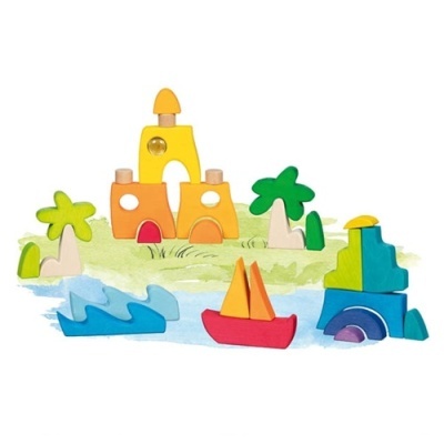 Brinquedo de blocos de madeira coloridos representando um castelo, árvores e barco