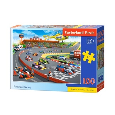 Caixa de puzzle Castorland 100 peças com corrida de carros em pista colorida.