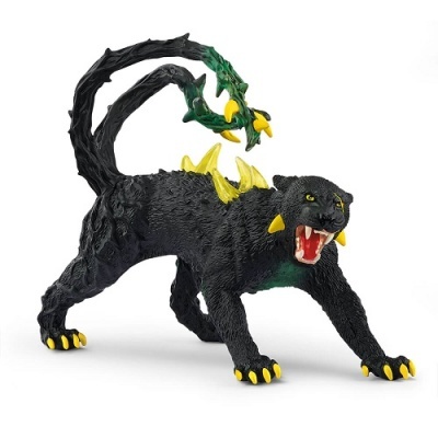 Figura de animal fantástico preto com duas caudas verdes e detalhes amarelos