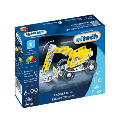 Caixa do conjunto de construção Eitech Bagger Mini com modelo de mini escavadora amarela e metal prateado