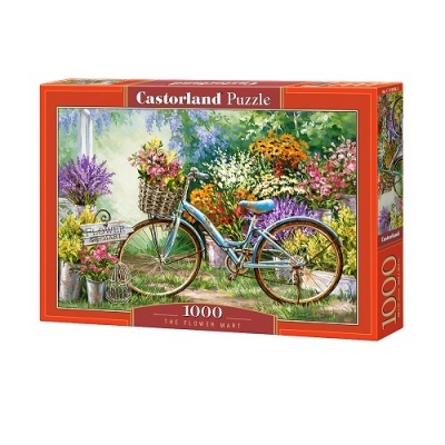 Caixa de puzzle com imagem de bicicleta com flores e vários vasos de flores coloridas.