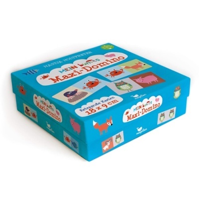 Caixa azul de jogo MEIN Maxi-Domino com imagens de animais