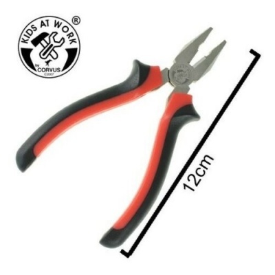 Alicates com cabo preto e vermelho e parte metálica prateada, compridos 12 cm